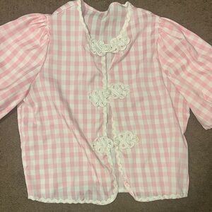 Pink Gingham Lace-Trim Kids Top